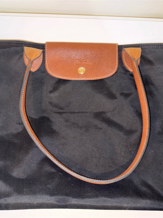 Longchamp Handbags - Longchamp Le Pliage Large Black Tote with Brown Leather Flap and Handle